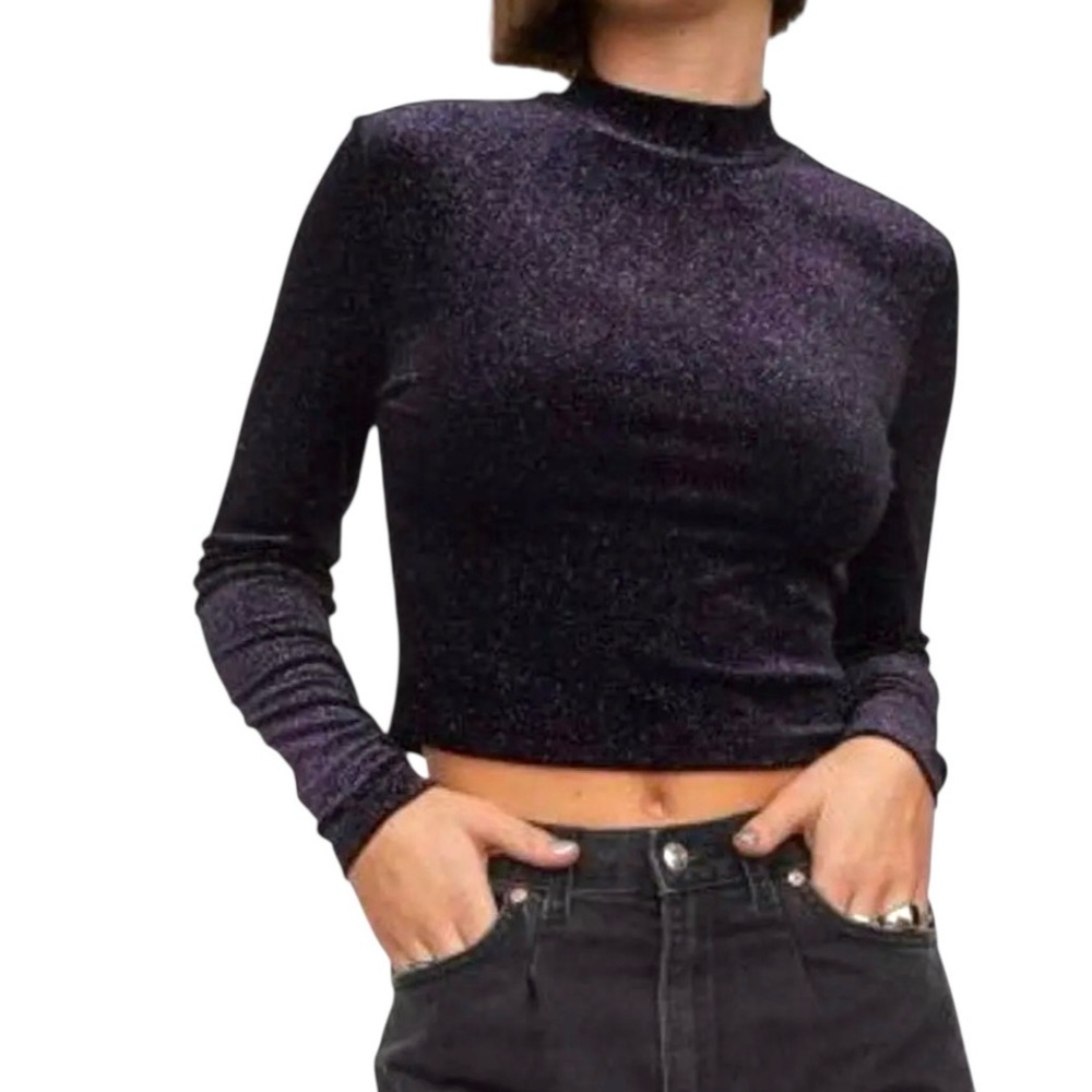 DIVIDED Purple Sparkle Keyhole Cut Out Back Long Sleeve Crop Top Sz S